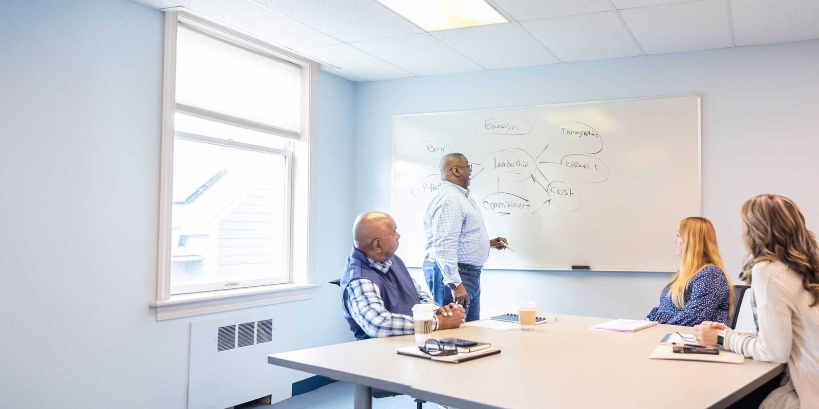Professor showing mind map on white board in classroom