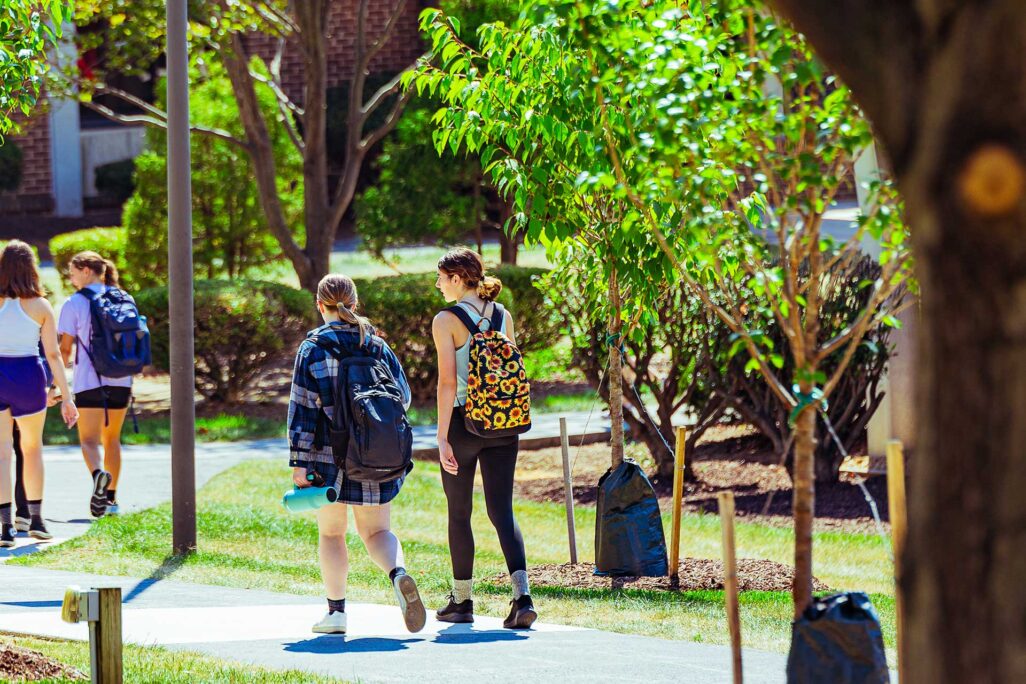 su_about_image-2 Students walking the path outside of Shenandoah University campus buildings